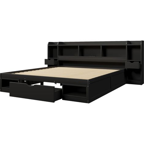 Cama plataforma 180 x 200 cm con almacenaje, LED y USB, negra (1/5)