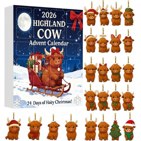 Calendrier de l'Avent 2026 sur le thème des vaches des Highlands écossaises, 24 décorations suspendues en acrylique 2D, adorables ornements d'animaux pour sapin de Noël, parfaits pour décorer les fête (1/5)