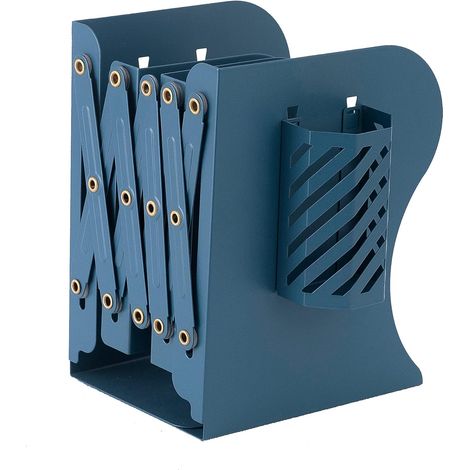 Serre-Livres Réglable en Métal, Décoratif Réglable en Métal Livre en Métal Étagère Organisateur Serre-Livres avec Porte-Stylo,Bleu