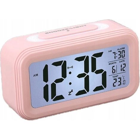 Réveil numérique multifonction LED avec calendrier perpétuel et température, rose – DELKEVIC (1/4)