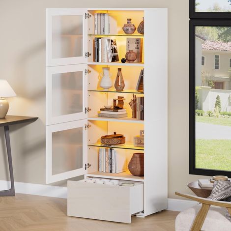 Buffet Salon Hauts 60 40 173cm,Vitrine Brillante,Meuble de Rangement,Meuble Cuisine avec éclairage LED Réglable,Tiroir,3 étagères en Verre Réglable,pour Salon (1/5)