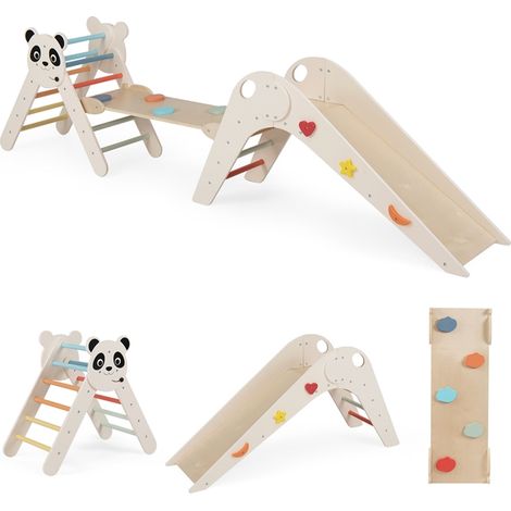 Triangle d’Escalade Montessori Enfant Pliable sur Thème Panda avec Rampe et Échelle, Parcours Motricité Bébé Bois avec Toboggan, Coloré (1/5)