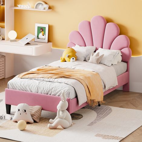 Letto imbottito in velluto rosa 90x200 cm con testiera a fiore e rete a doghe inclusa (1/5)
