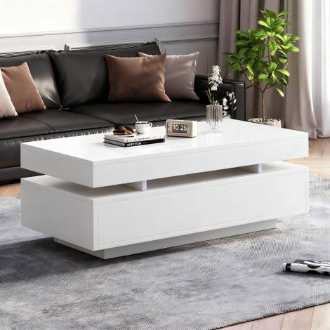 Table basse à deux tiroirs — Table d'appoint LED laquée brillante, table de salon, table de canapé — Blanc