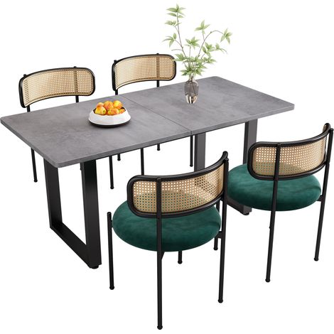 Table de salle à manger et chaise, ensemble de 5 pièces, 4 chaises velours et 1 table rectangulaire, table de café détente, chaise rotin, style moderne épuré, gris + vert + noir (1/5)