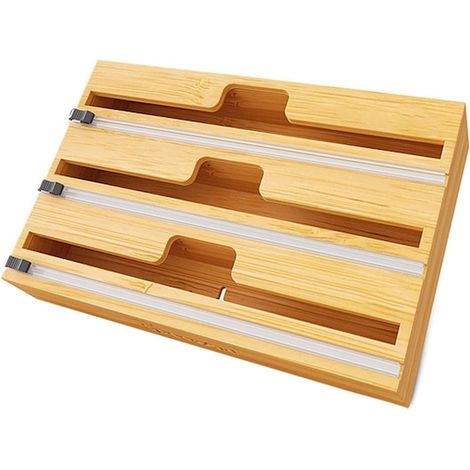 Organiseur et distributeur 3 en 1 pour papier aluminium et serviettes de cuisine jusqu'à 31 cm de long, à fixer sur table, au mur ou dans un tiroir, en bambou, avec coupe-papier mobile (1/5)