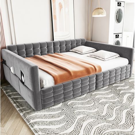 Cama sofá 140x190 cm en terciopelo gris con 2 cajones y bolsillos laterales (1/4)