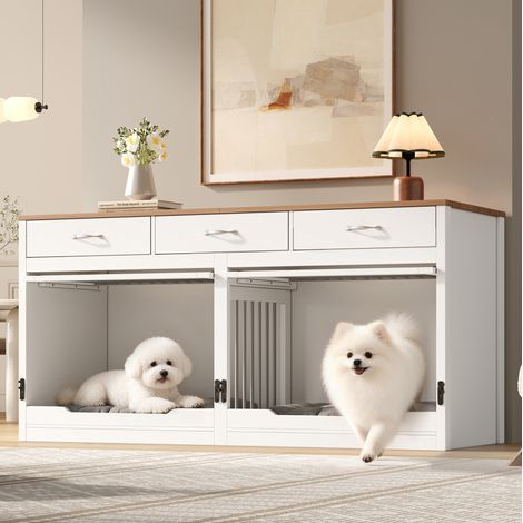 Jaula para perros de interior (164x60x81 cm), tapa abatible, separador extraíble, MDF y metal, natural y blanco (1/5)