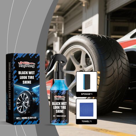 Reifenglanzspray für Autoreifen – 100 ml + Schwamm + Tuch. Dieses Produkt pflegt, schützt und reinigt Autoreifen und verleiht ihnen Glanz. Es wirkt staubabweisend und sorgt für ein gepflegtes Aussehen (1/5)