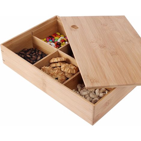 Boîte à fruits en bambou à 6 compartiments avec couvercle plateau de rangement pour fruits et en cas 32 x 21,5 cm couleur bois naturel pour table basse et usage domestique (1/5)