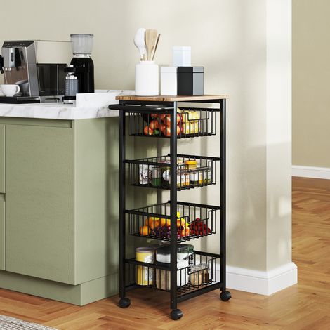 Chariot roulant de cuisine avec plan de travail, desserte mobile en chêne pour bureau, 4 paniers extensibles en acier, 49,5 x 31 x 91 cm