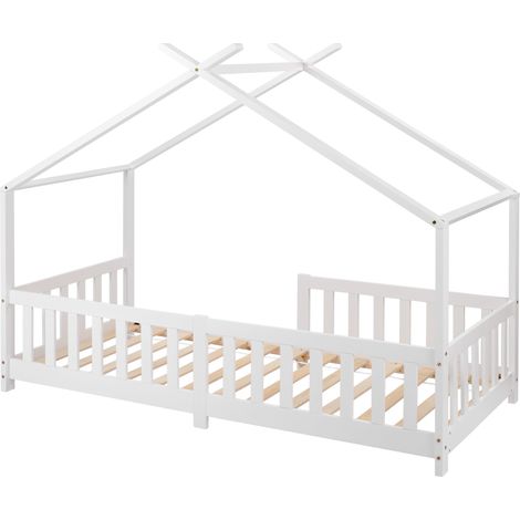 «Non autorisé à la vente en Allemagne» Joli lit cabane pour enfant, en bois massif avec barrière et sommier à lattes, avec barrière antichute pour chambre d’enfant et d’adolescent, blanc (90x200cm) (1/5)