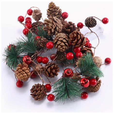 Weihnachtsgirlande mit Lichtern, rote Beeren-Tannenzapfen-Girlande, batteriebetriebene LED-Lichterkette, Weihnachtsdekoration für den Innenbereich, für Kamin, Kaminsims, Weihnachtsdekoration (2 Meter (1/4)