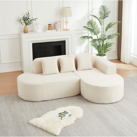 Divano angolare modulare a L 220 x 155 cm in velluto a coste beige, 3 cuscini DESVIAE