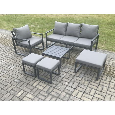Fimous Aluminium Outdoor Garden Furniture Set Lounge Sofa Chair Square Coffee Table Sets with 3 Footstools Dark Grey (1/5)