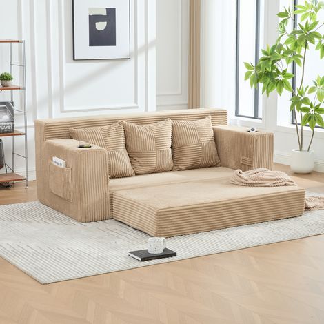 Divano Modulare 2 Posti, Cuscini Separabili, Portabicchieri e Tasche Laterali, Velluto a Coste, Cachi (1/5)