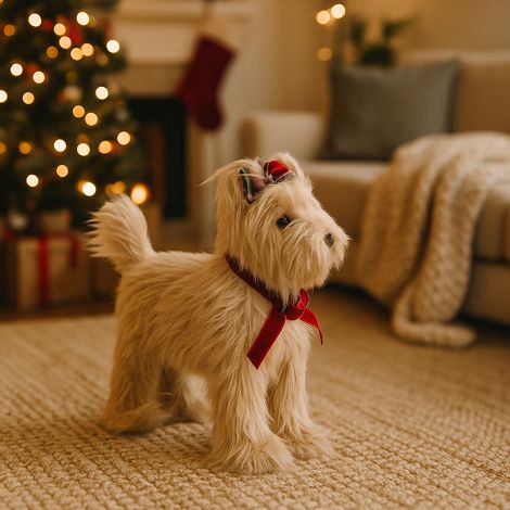Cane maltese altamente realistico di colore bianco con fiocco rosso, altezza 32 cm (1/4)
