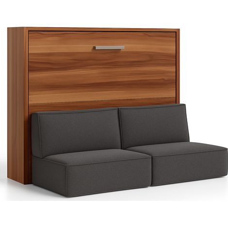 Lit escamotable horizontal avec banquette & coffres LOGIA Gris foncé-160x200-Canapé Gris foncé-Structure Noyer (1/5)