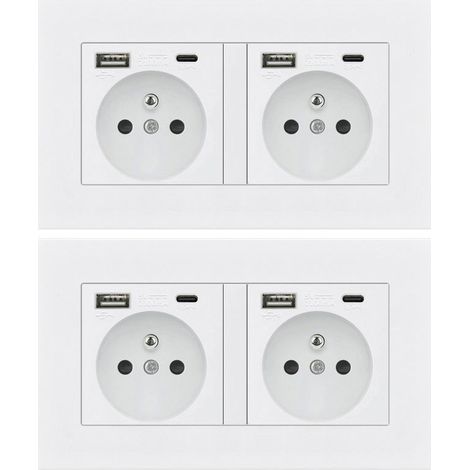 Lot de 2 Prises Électriques Murales avec USB et USB-C, 16A 240V Norme Française, Couleur Blanc, Dimensions 146mm, Fixation Murale (1/2)