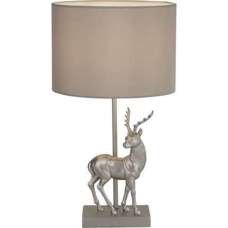 Searchlight Deer Lampe de table en résine argentée et abat-jour en tissu gris