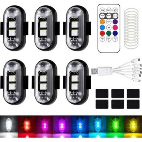6 Pièces Lumières LED sans Fil pour Voiture, 8 Couleurs Lumiere Stroboscopique LED Voiture sans Fil avec Télécommande, pour Voiture, Drone, Camion, Moto, Vélo