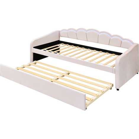 Daybettt, lit de jour 90x200cm avec lit gigogne, canapé-lit, lit simple (sans matelas), velours, éclairage d’ambiance à couleurs changeantes, télécommande, style minimaliste, rose (1/5)