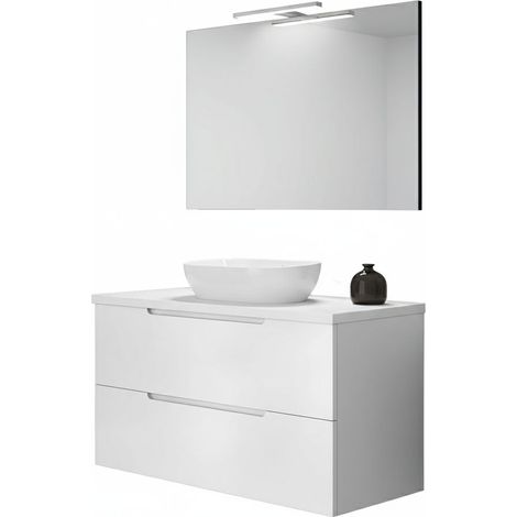 Kibath Mueble de baño con Lavabo, Espejo y Aplique LED VICTORIA 80x45 cm acabado Blanco mate 2 cajones suspendido