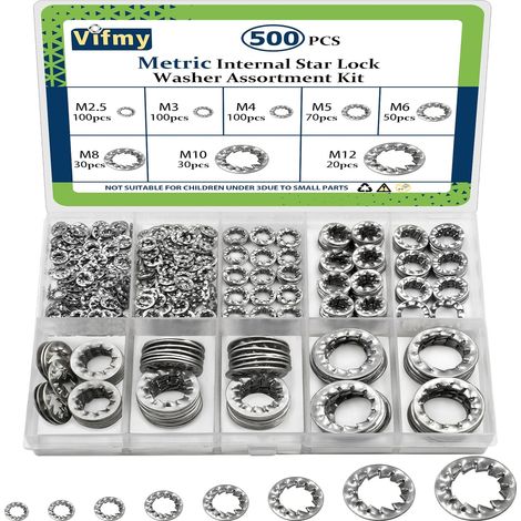 APEX Assortiment de rondelles de blocage à dents internes Vifmy (lot de 500), rondelles à dents internes métriques en acier inoxydable 304 M2,5 M3 M4 M5 M6 M8 M10 M12 (1/5)