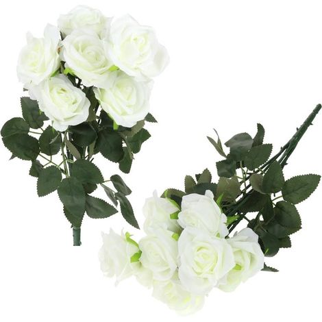 Ramo de 9 rosas artificiales. Composición floral lista para usar en un jarrón de 45 cm - Blanco.
