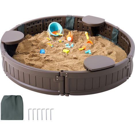 Mophorn Sandbox with Cover, 47.2 x 9.1 in Round Sand Box, HDPE Sand Pit with 3 Corner Seating and Bottom Liner, Kids Sandbox for Outdoor Backyard, Beach, Park, Gift for Boys Girls Ages 3-12, Brown