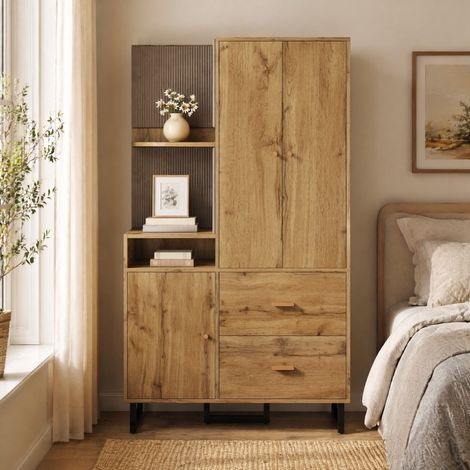 Mobile portascarpe 110x38x186 cm in MDF naturale e nero con appendiabiti - MEUBLIV (1/5)