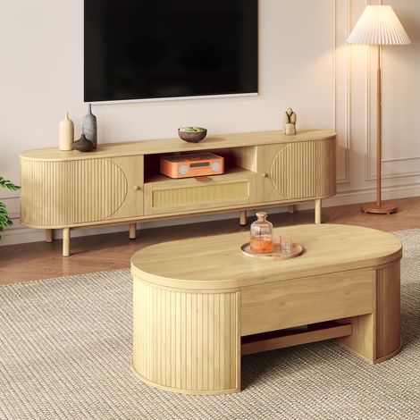 Conjunto de muebles de salón con mesa de centro elevable y mueble TV, almacenaje, MDF, natural (1/5)