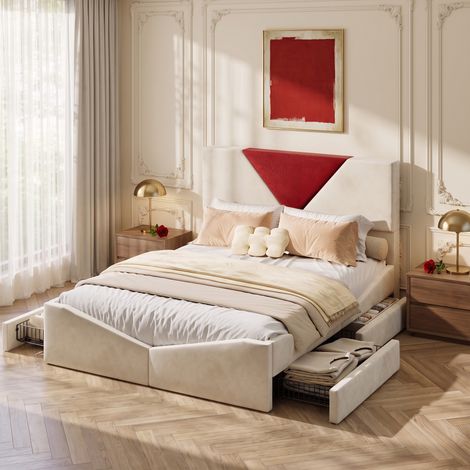 Lit double capitonné 140x190 cm, Lit adulte avec 4 tiroirs, sommier à lattes, Tête de Lit Rembourrée Design Contraste, velours, beige (1/5)