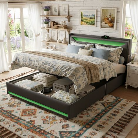 Cama Coffre 140x190 cm, con Tête de Cama Remborrée, Éclairage LED, Ports USB, Espace de Rangement Hydraulique, Lin, Sommier a Lattes, Cama Adellte - Gris