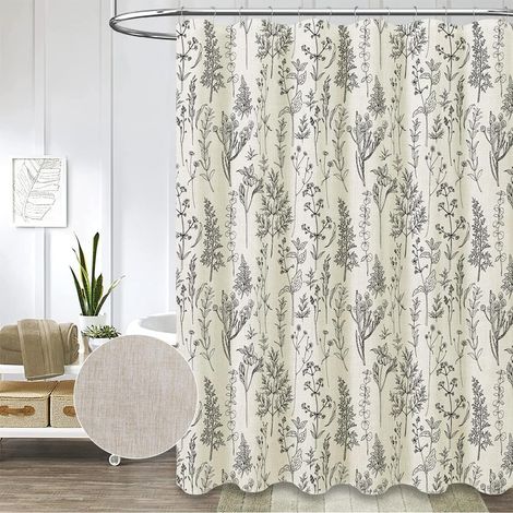 Rideau de douche en lin à feuilles rustiques pour salle de bain, ensemble de rideaux de douche en tissu texturé 230 g/m2, joli motif d'herbes naturelles, ferme moderne chic bohème plantes botaniques, (1/5)