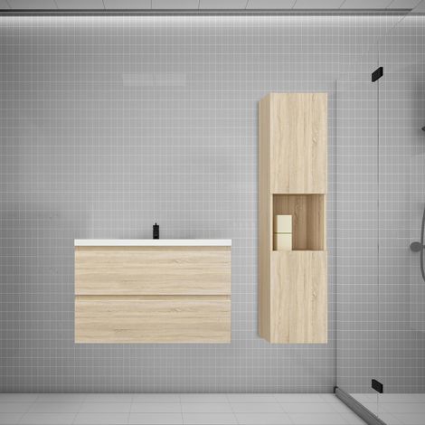 Aica Ensemble meuble vasque L.79cm chêne 2 tiroirs + lavabo + colonne