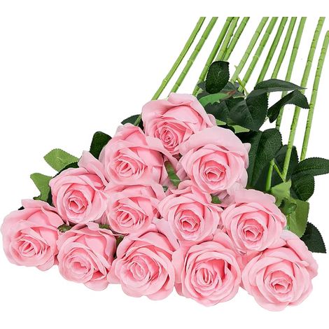 Bouquet de 12 roses artificielles en soie réalistes à longues tiges, idéal pour la décoration de la maison, des mariages et des fêtes (12 pièces - Rose)-AquaForge (1/5)