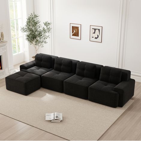 Canapé modulaire 4 places noir en velours côtelé avec méridienne, assise profonde 74 cm et base antidérapante (1/5)