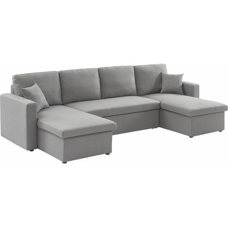 Canapé panoramique convertible en tissu. 4 places. coffre rangement. lit modulable Polyester Gris clair