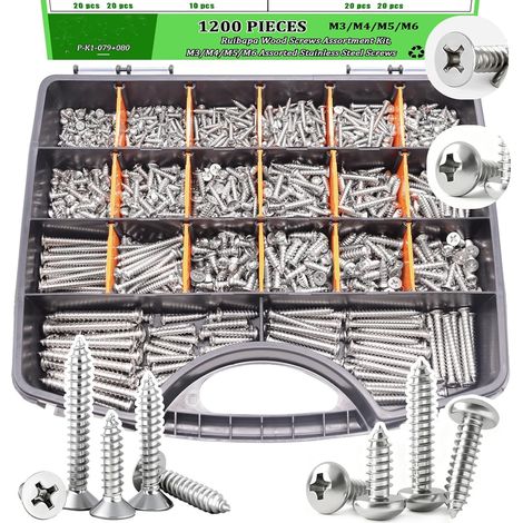1200PCS Kit Assortiment Vis Autotaraudeuses Inox 304 A2-70 – Vis à Bois Tôle Tête Fraisée TF + Tête Bombée Cruciforme Phillips M3 M4 M5 M6 Boîte (1/4)