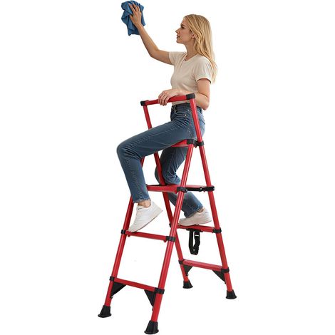 FIANAO - Échelle pliante 4 marches, capacité 150kg, pieds antidérapants, porte-outils, rouge (1/5)
