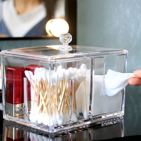 Boîte de Rangement Organisateur Transparente 14x10x13cm pour Coton Tiges et Disques à Démaquiller (1/5)