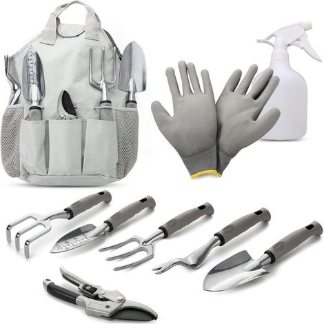 Kit d'outils de jardinage Tobargar 9 pièces, robuste et complet, comprenant des outils à main pour planter, désherber, tailler, ameublir et transplanter. Sac de rangement inclus. (1/4)