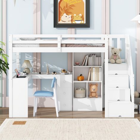 Lit mezzanine 90x200 cm en pin avec bureau, rangements, échelle avec tiroirs et garde-corps, étagères, blanc, sans matelas (1/5)