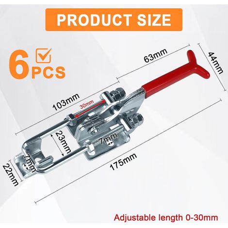 6x Loquet à Bascule Plage Réglables 30mm, Fermoir a Levier Métal, Pince à Fermeture Bascule Capacité de Retenue 900kg, Sauterelle de Serrage, Sauterelles de Menuisier pour Armoire Porte Boîte (1/4)