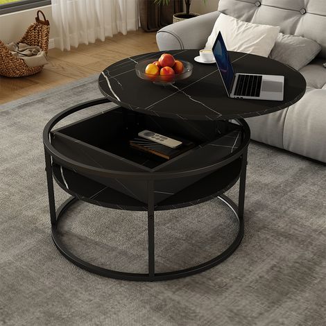 Mesa de centro Marlo, Negro/mármol-blanco, 77 x 77 cm, Vicco