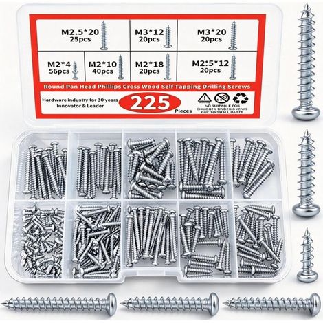 Assortiment Vis Inox M2 M3, 225 Pcs Vis Autoforeuse Metal, Vis Tete Plate Cruciforme, Petite Vis Bois, Kit Vis Autoforeuse Inox pour Bricolage, Fixation Tole, Menuiserie, Reparation Maison. (1/5)