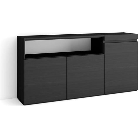 Skraut Home - Credenza, Mobile, Cucina, Madia, mobile ingresso, 150x75x35cm, 3 Porte, grande stoccaggio, Stile moderno, Nero (1/5)