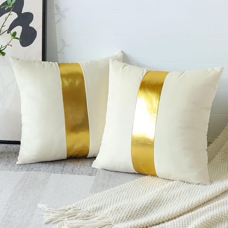 Set di 2 federe per cuscini in velluto, con finitura in similpelle dorata, ideali per divano, soggiorno e camera da letto, 45 x 45 cm (bianche). (1/4)