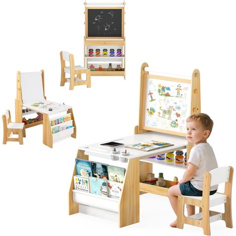 GOPLUS Table Enfant avec Chaise, Table à Dessin en Bois avec Tableau Noir/Blanc, Rouleau de Papier, Gomme, Craies, Gobelets de Peinture, Bureau Enfant en Bois avec Étagère (Naturel) (1/5)
